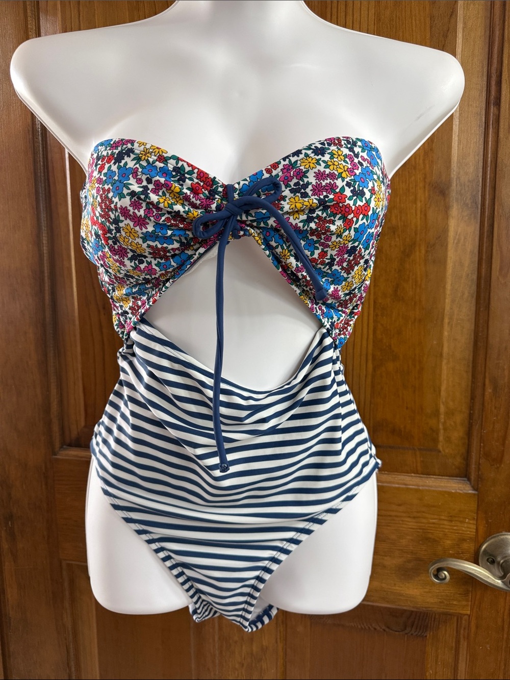 Time and Tru Floral Bust Navy Striped Cutout One-Piece Swimsuit